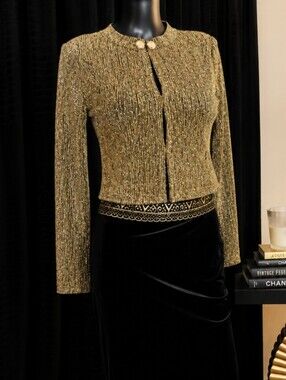 Vintage Textured Gold Evening Blazer with Decorative Trim New